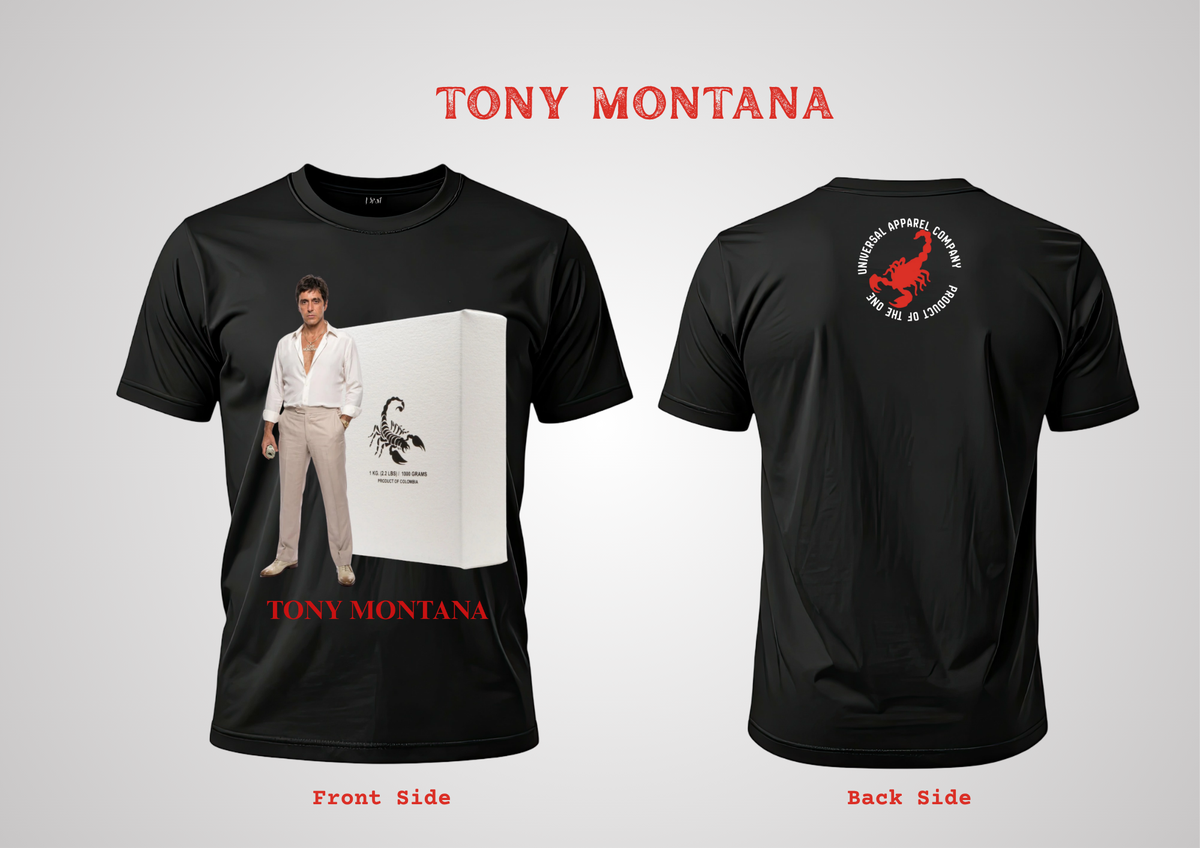 Black short-sleeve T-shirt shown from the front and back on a light gray background. The front features a large graphic print of Tony Montana standing beside a white box with a scorpion illustration, with 'TONY MONTANA' printed in red above and below.